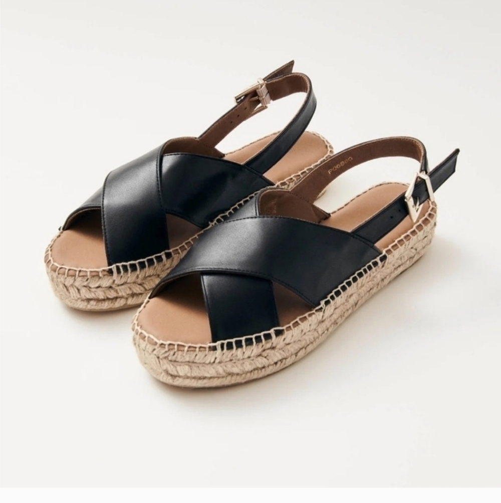 Alohas Crossed Black Leather Espadrilles Sandals Platform Made in Spain Size 36